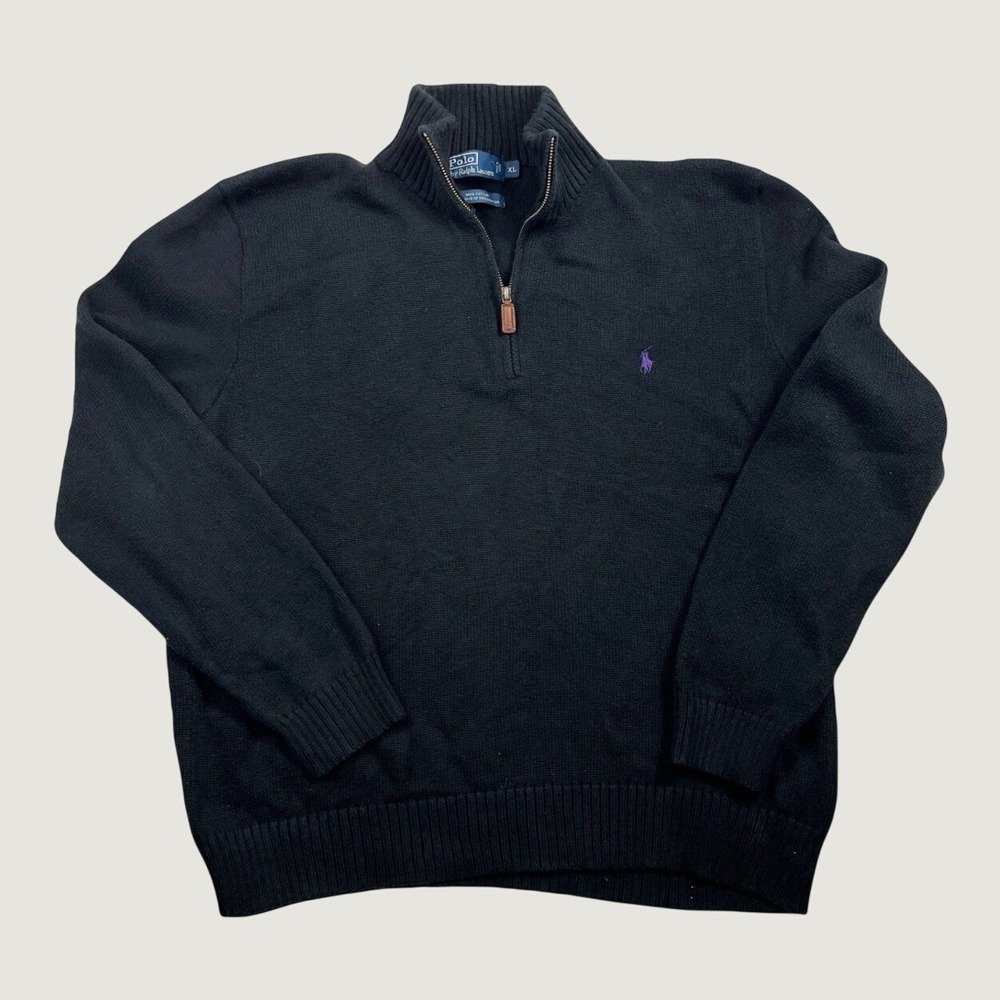 Polo Ralph Lauren Sweater XL Black Quarter Zip Cotton Knit Purple Pony Pullover